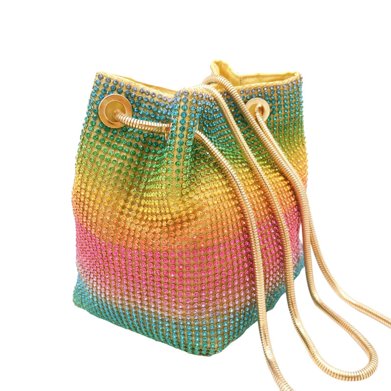 Multicolor Satin Crystal Mesh Bucket Evening Bag