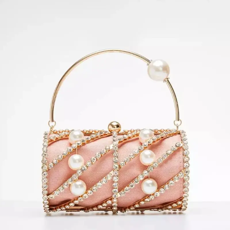 Metal Handle Crystal-Embellished Clutch Bag