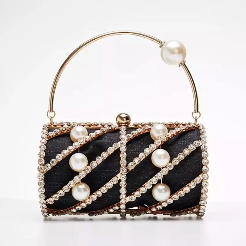 Metal Handle Crystal-Embellished Clutch Bag